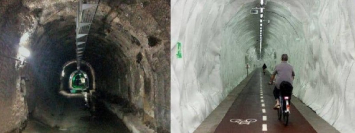 A l'esquerra, una imatge del túnel de serveis dels Túnels de Vallvidrera; i a la dreta, imatge d'un túnel de característiques semblants convertit en carril bici