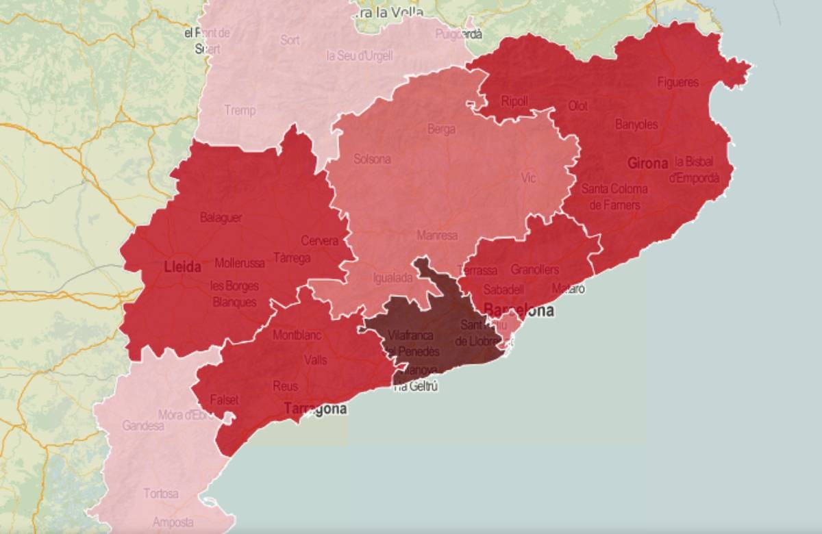 Mapa de les regions sanitàries, en funció del risc de rebrots.