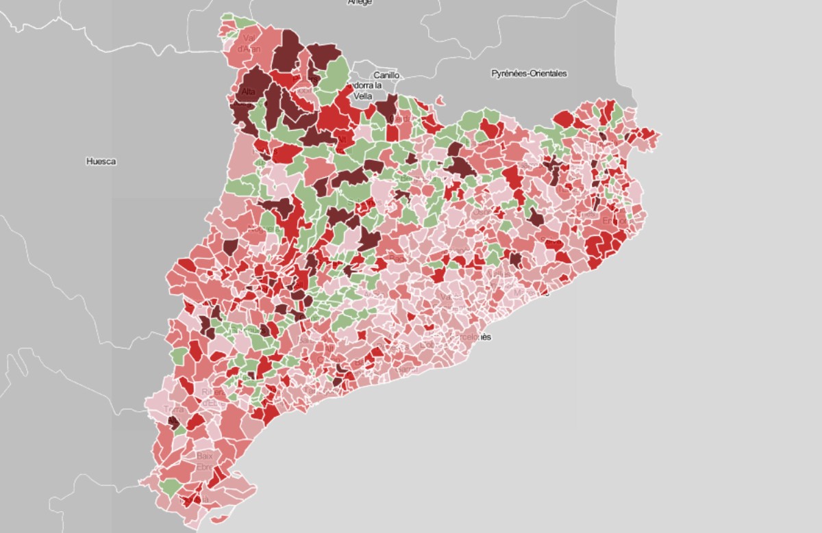 Mapa municipal de Catalunya, en funció de l'increment de casos de coronavirus.