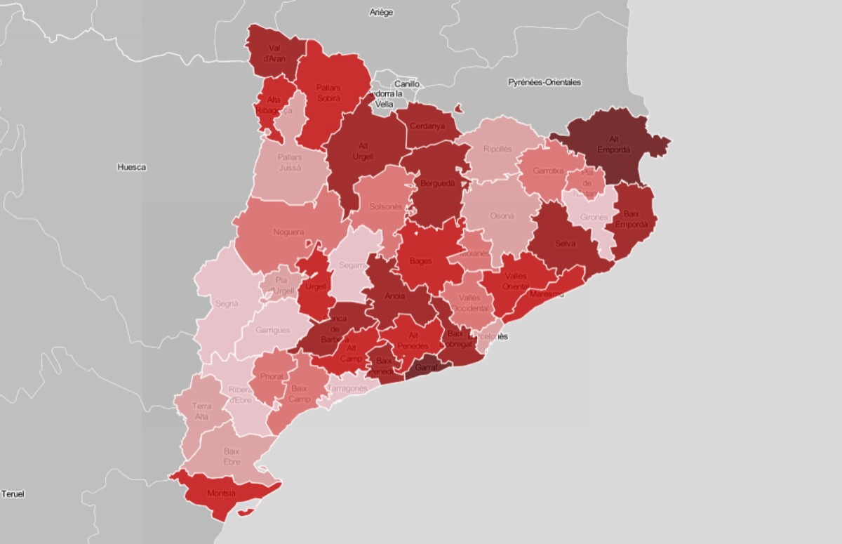 Mapa comarcal de Catalunya, en funció de la quantitat d'ERTO.