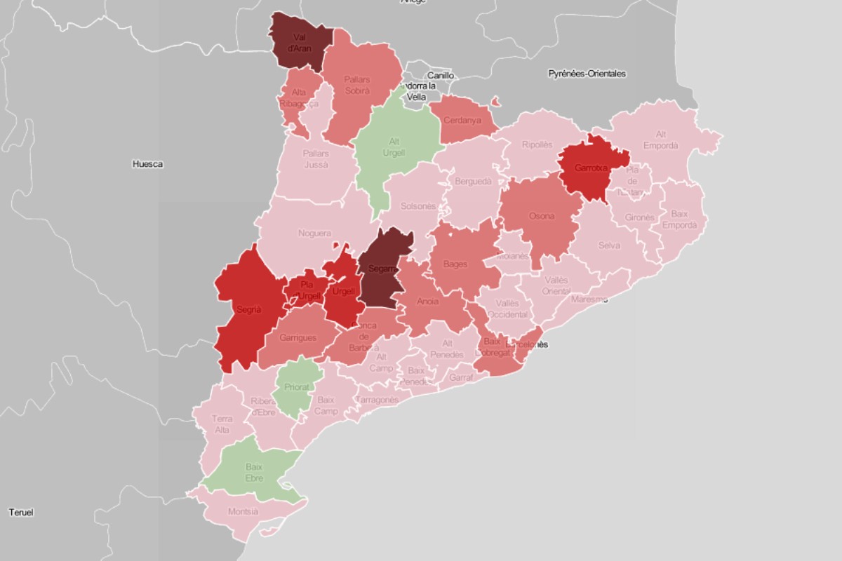 Mapa comarcal de Catalunya, en funció de la ràtio de nous casos de coronavirus
