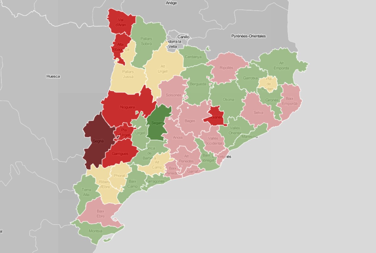 Mapa comarcal, en funció de l'evolució dels casos de coronavirus.