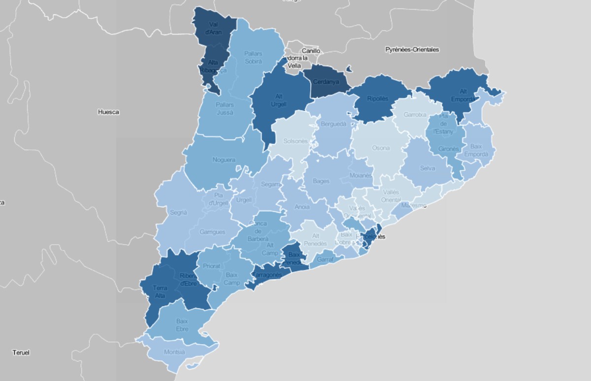 Mapa de Catalunya, en funció de la quantitat de denúncies per trencar el confinament.