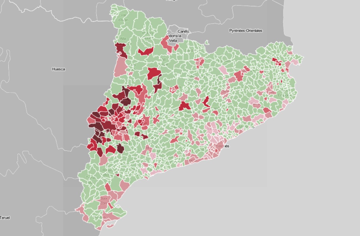 Mapa municipal de Catalunya, en funció dels casos de coronavirus recents.