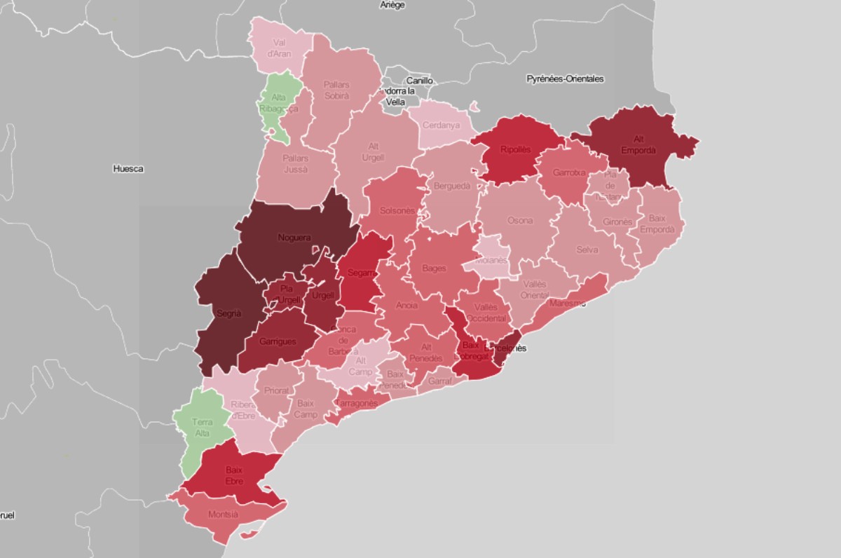 Mapa comarcal de Catalunya, en funció de la ràtio de positius recents.
