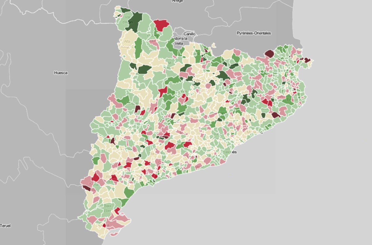 Mapa municipal de Catalunya, en funció del saldo financer del 2019.