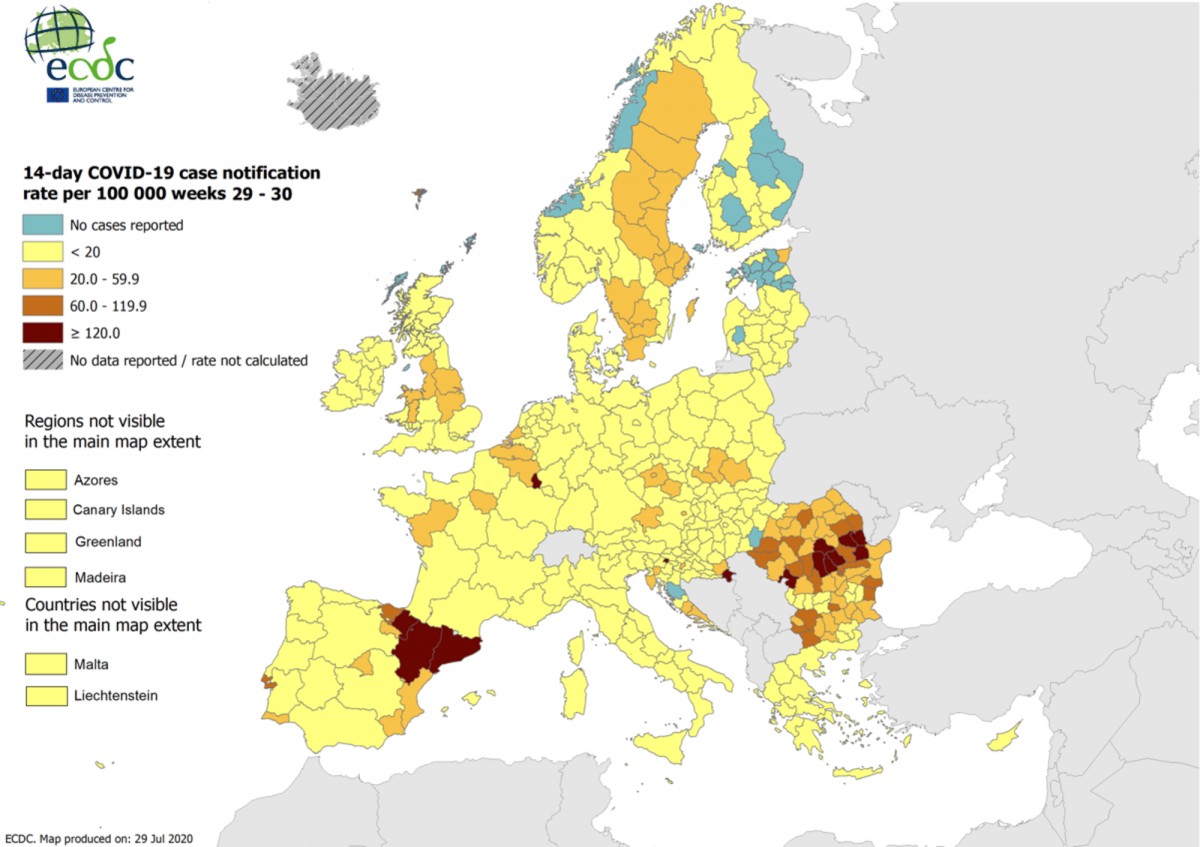 Casos recents detectats per cada 100.000 habitants a Europa.