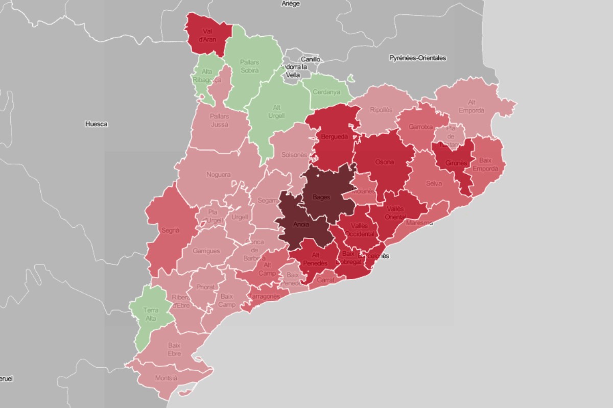 Mapa comarcal de Catalunya, en funció del percentatge de residents morts