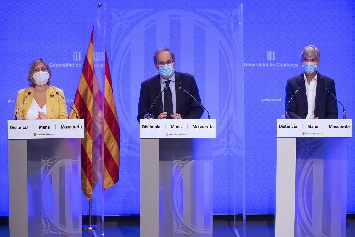 Quim Torra, Alba Vergés i Josep Maria Argimon, en roda de premsa.