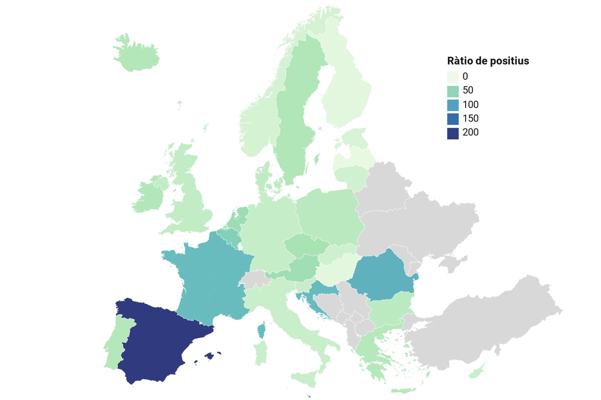 Mapa d'Europa, en funció de la incidència recent del coronavirus.