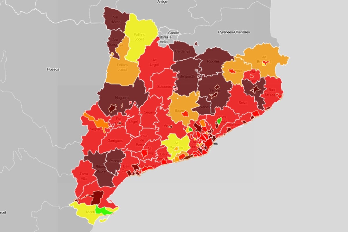 Mapa comarcal i de ciutats, en funció del risc de rebrot de coronavirus.