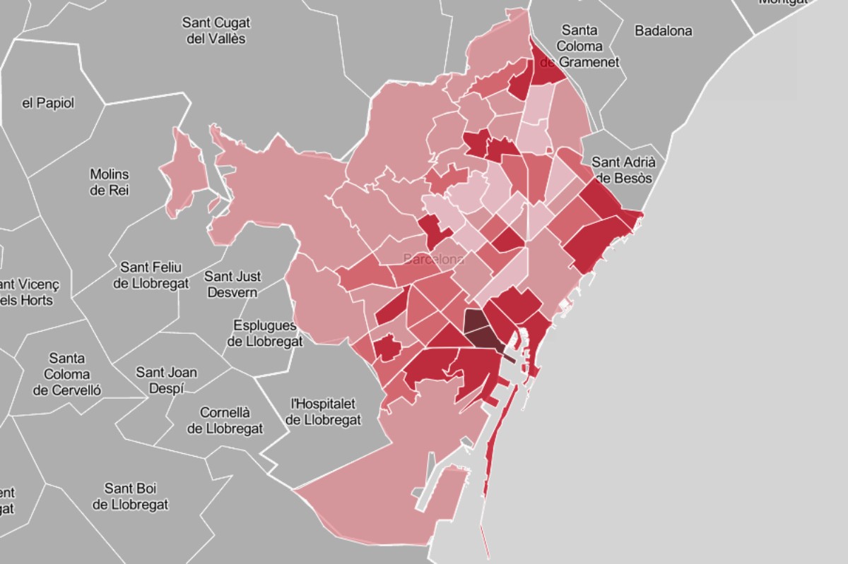Mapa de les àrees bàsiques de salut de Barcelona, en funció de la incidència del coronavirus.
