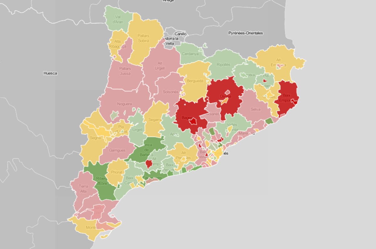 Mapa comarcal i de ciutats, en funció de la velocitat de propagació del coronavirus