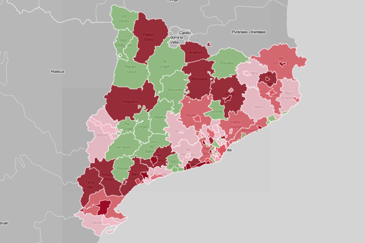 Mapa de municipis i comarques, en funció de la incidència recent del coronavirus a les residències