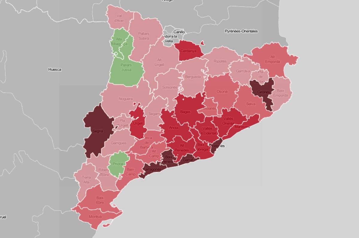 Mapa comarcal, en funció de les trucades al telèfon contra la violència masclista