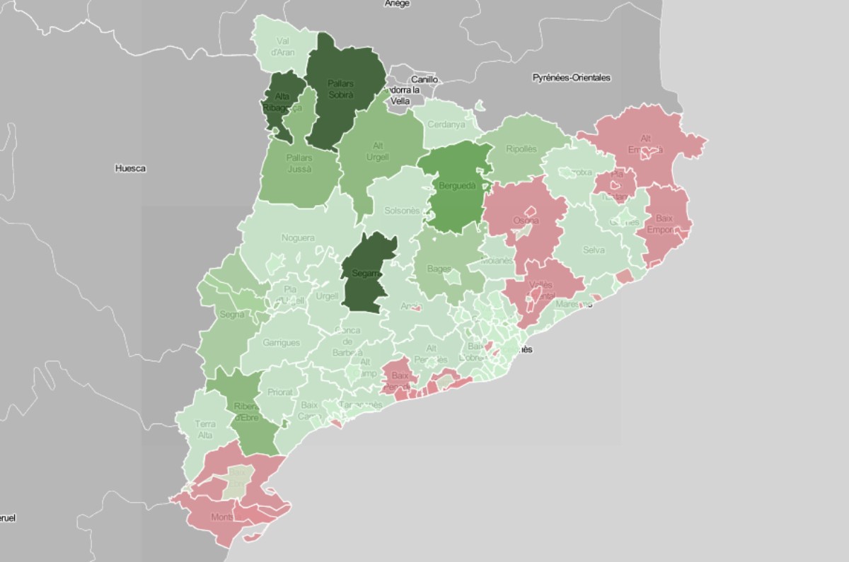 Mapa de municipis i comarques, en funció del nivell de vacunació.