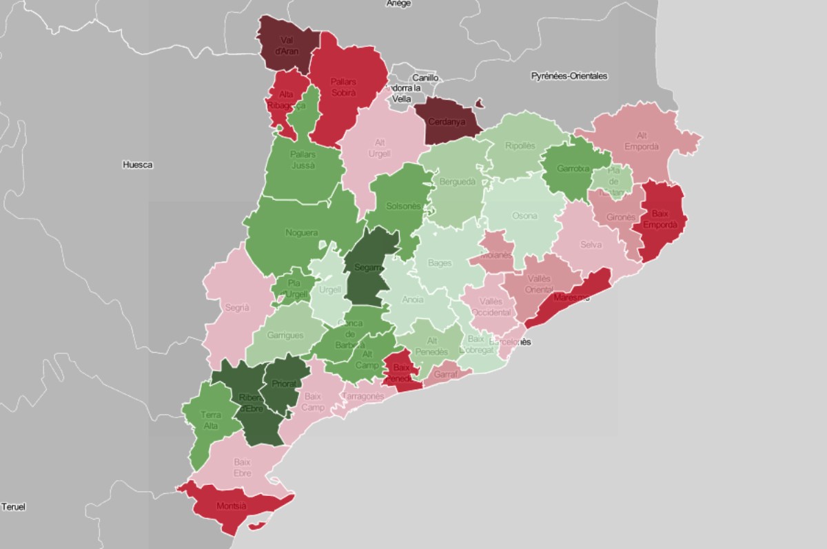 Mapa comarcal, en funció de l'evolució del poder adquisitiu des del 2007.