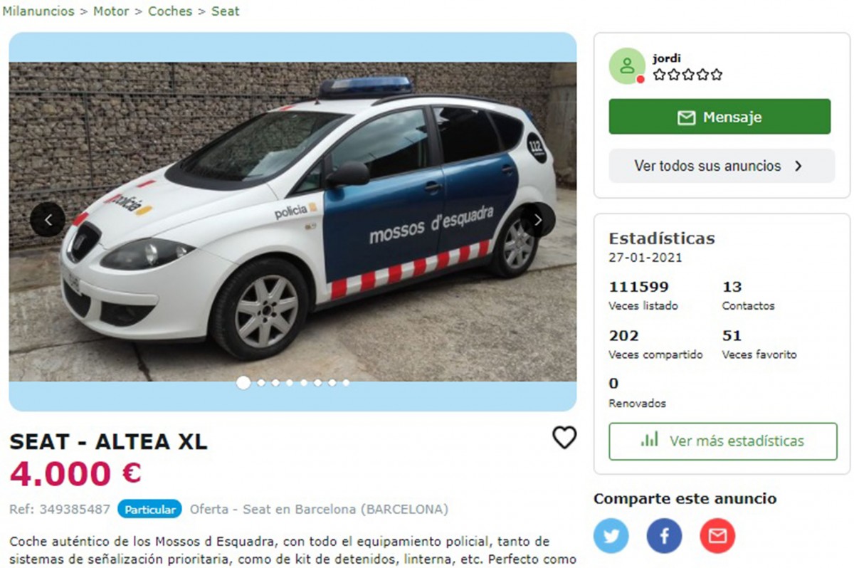 El cotxe es ven per 4.000 € amb el logotip oficial i l'equipació policial inclosa a MilAnuncios