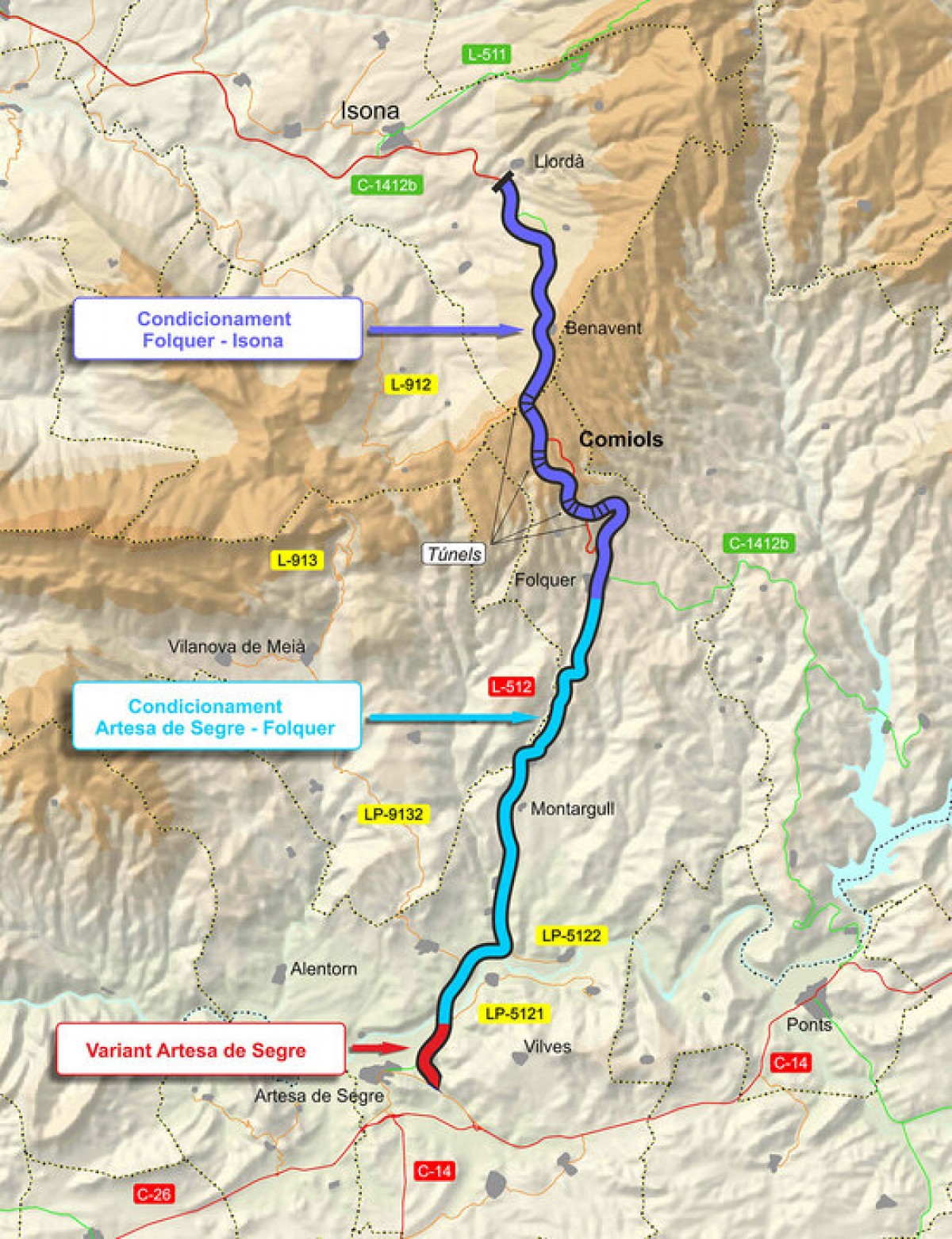 Plànol del traçat de l’L-512 i la C-1412b al llarg de 15 quilòmetres on Territori impulsa el projecte de condicionament del tram entre Artesa de Segre i Folquer, a l'eix de Comiols.