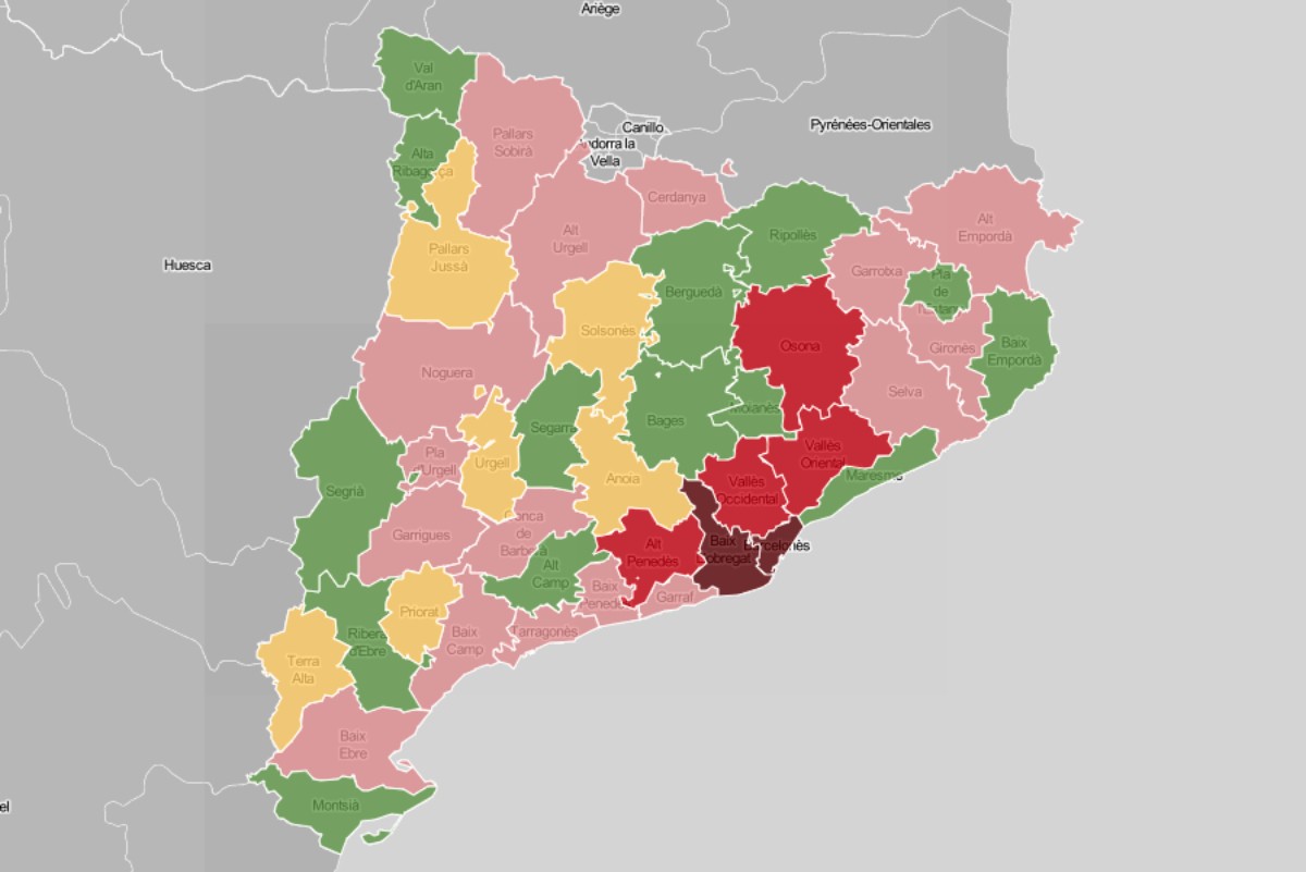 Mapa comarcal, en funció de la variació setmanal d'hospitalitzats.
