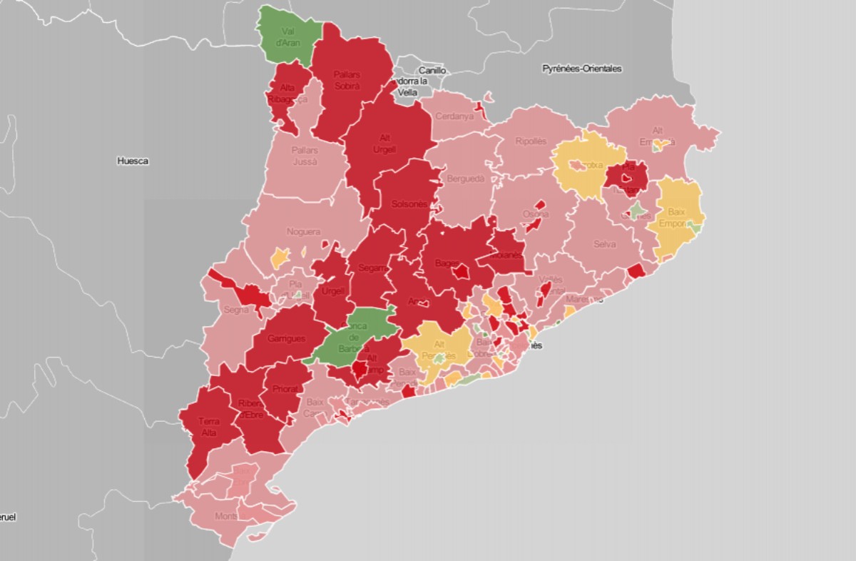 Mapa de municipis i comarques, en funció de l'evolució del nombre de contagis.