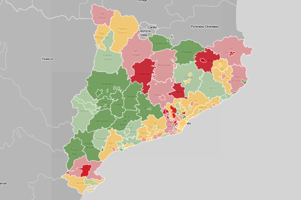 Mapa de municipis i comarques, en funció de l'evolució del nombre de contagis.