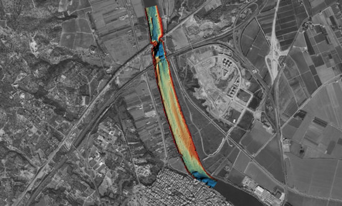 Imatge de l'estudi batimètric del tram del riu Ebre a Amposta, els primers treballs del Ministeri per a la Transició Ecològica per estudiar la mobilització de sediments cap al Delta. 