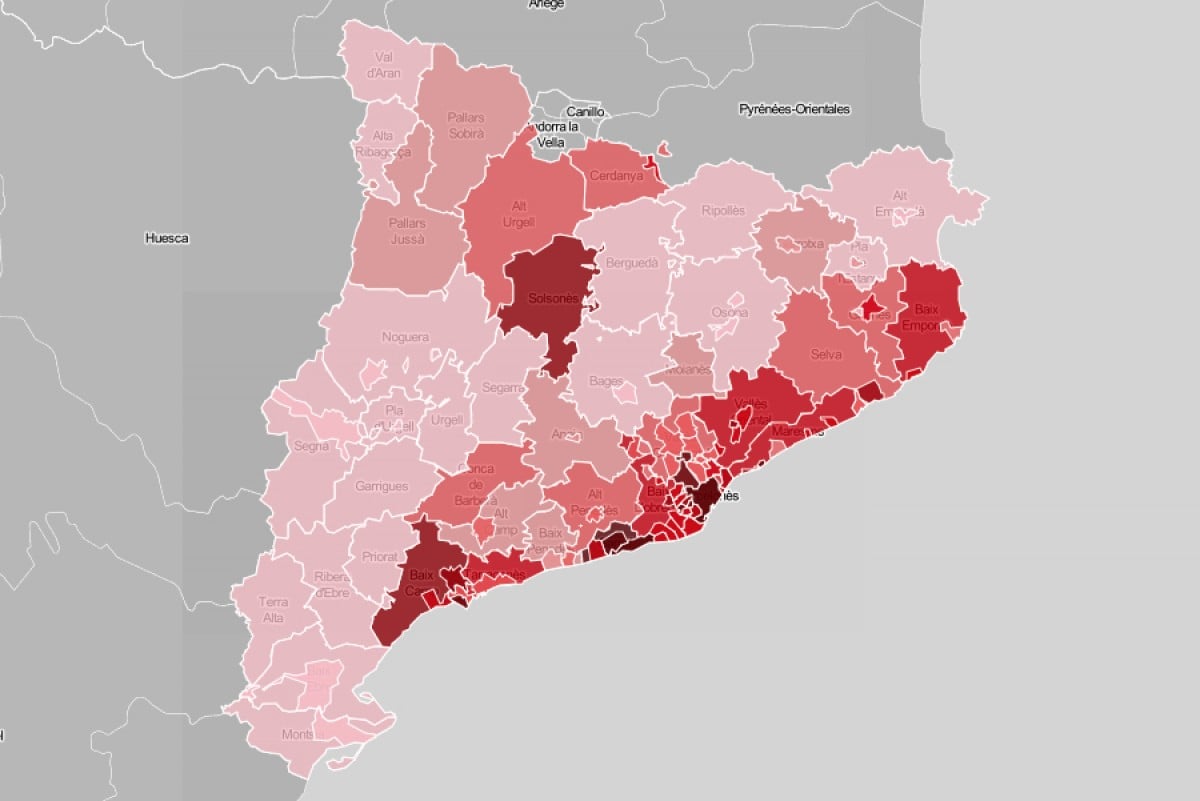 Mapa de la ràtio de contagis per comarques a Catalunya