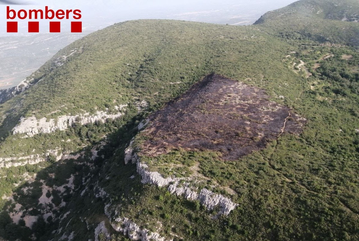 Imatge aèria de la zona cremada a la serra del Montsià.