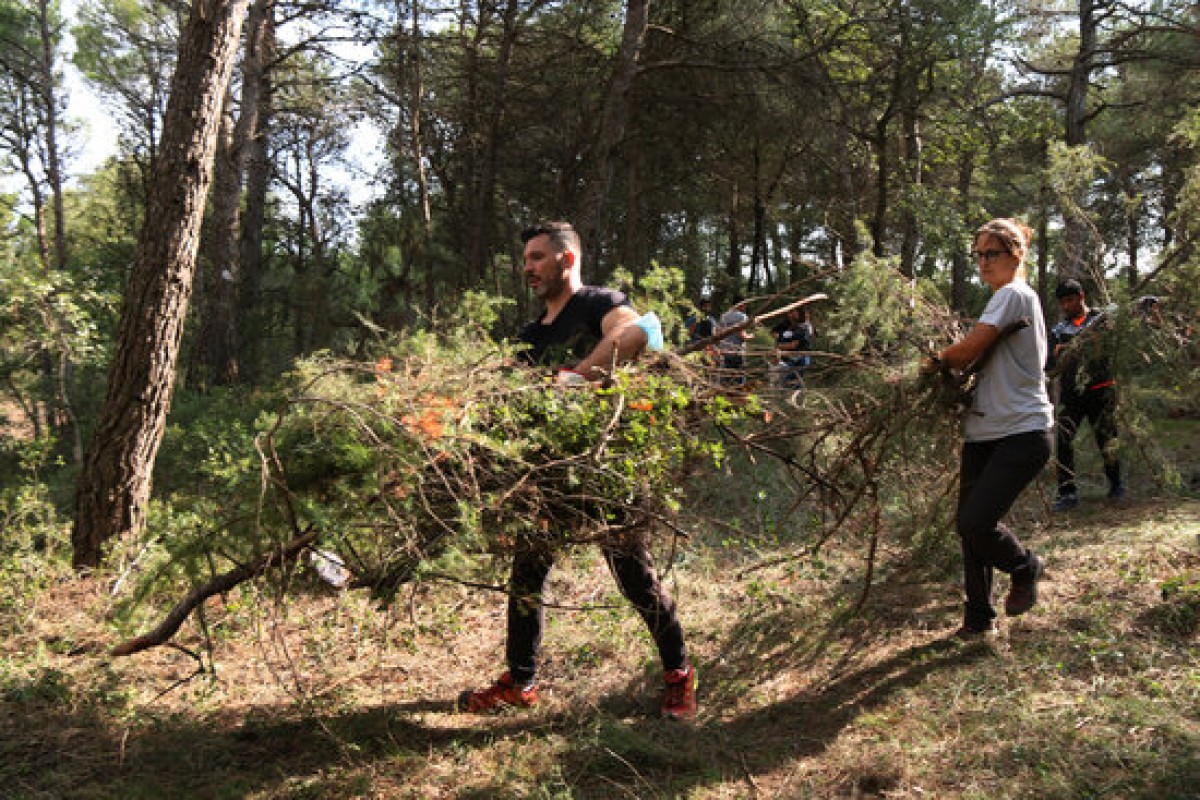 Voluntaris netejant el bosc en l’acció organitzada per la plataforma Revifem Queralt al terme municipal d’Argençola