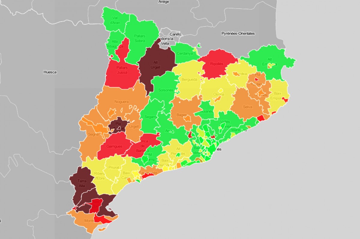 Mapa de la incidència de la Covid-19 per comarques i municipis.