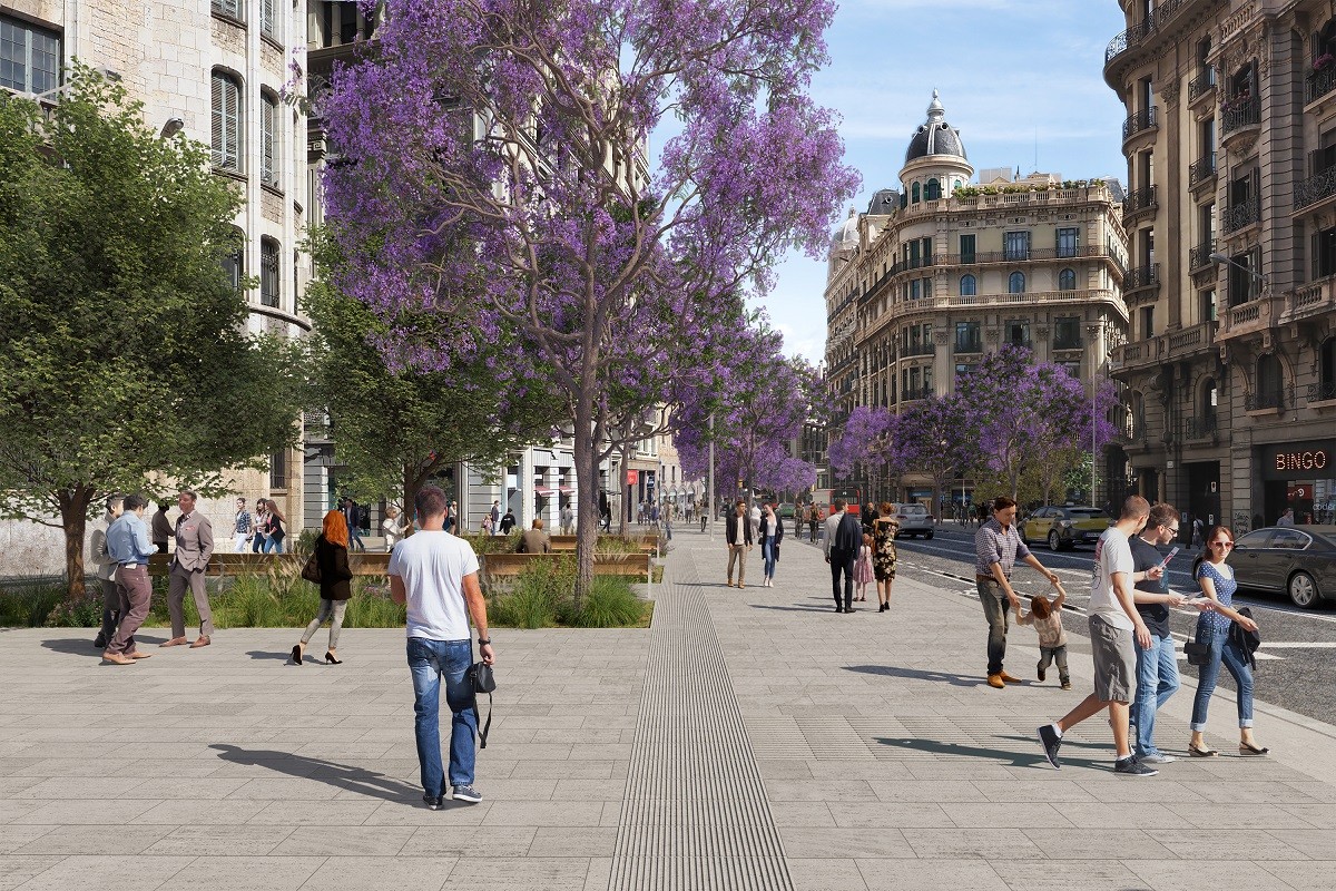 Recreació informàtica de la Via Laietana de Barcelona reformada a l'alçada del carrer Jonqueras