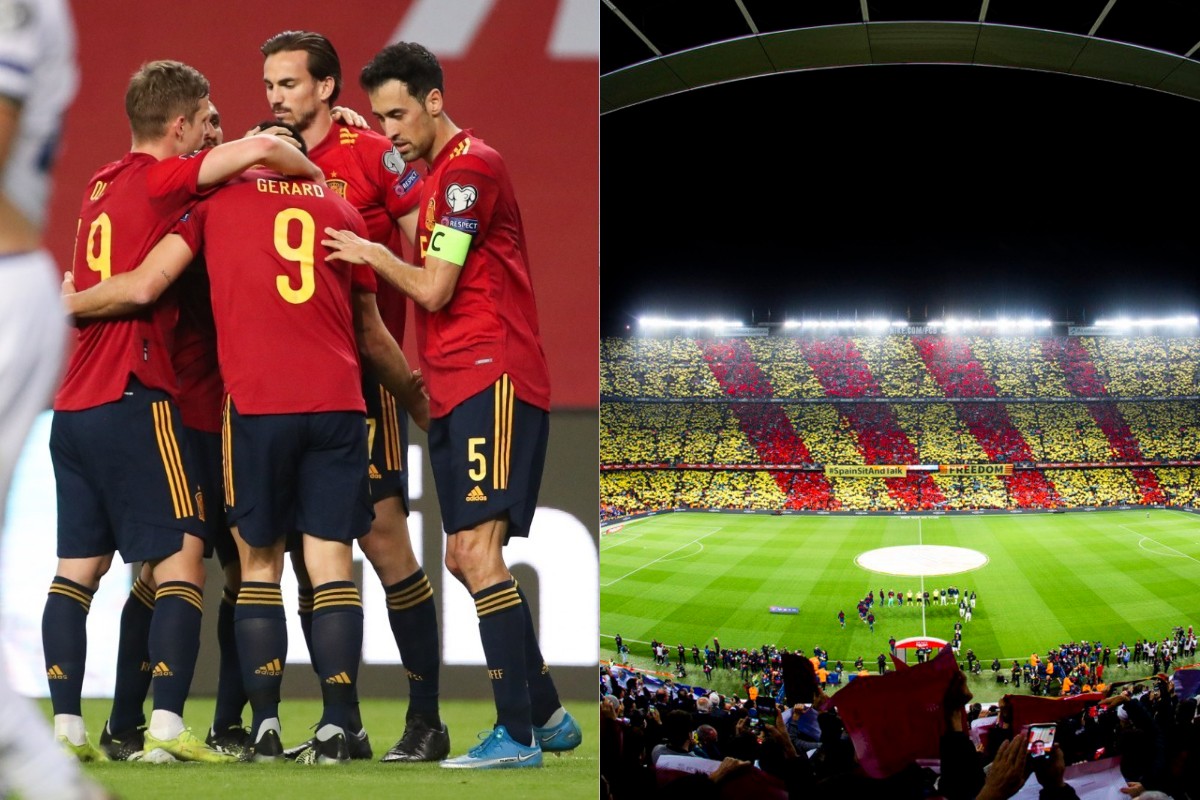 Jugadors de la selecció espanyola i un mosaic amb la senyera al Camp Nou