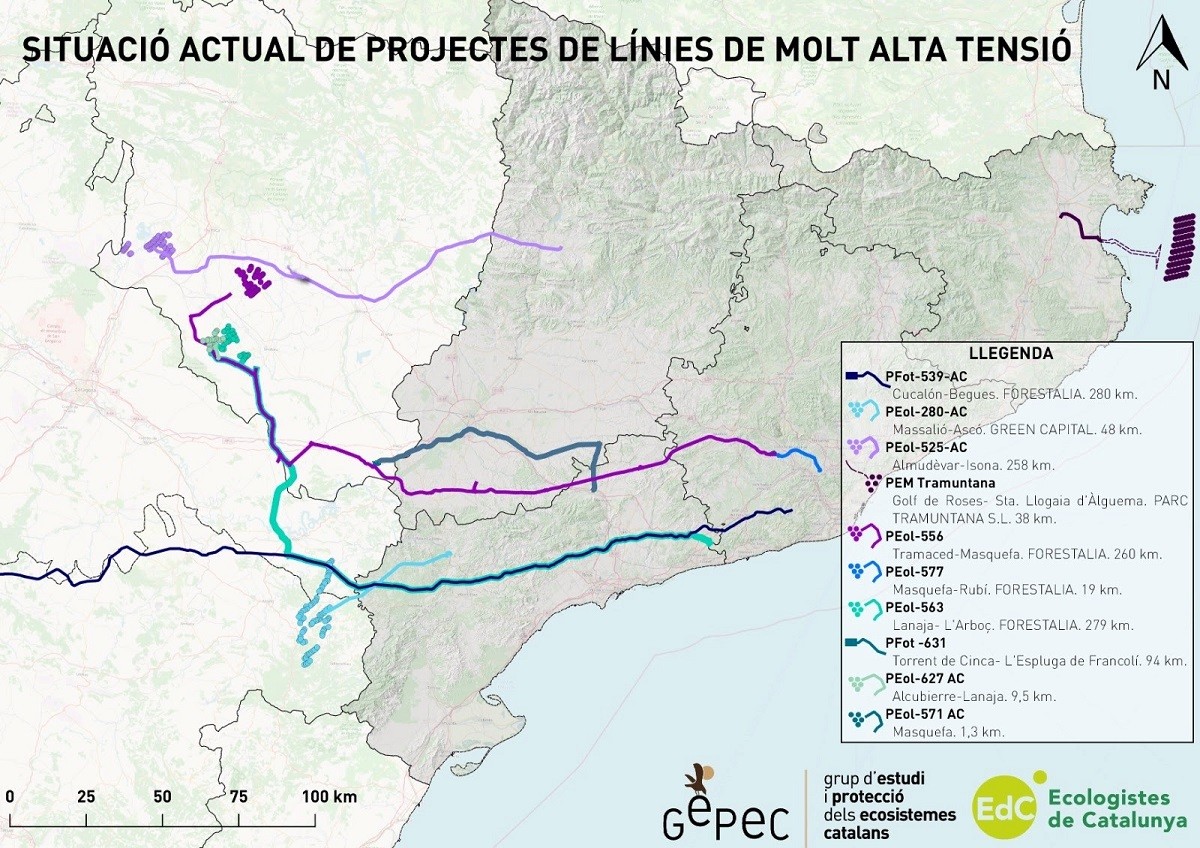 Mapa dels projectes de línies de molt alta tensió que afectarien Catalunya.