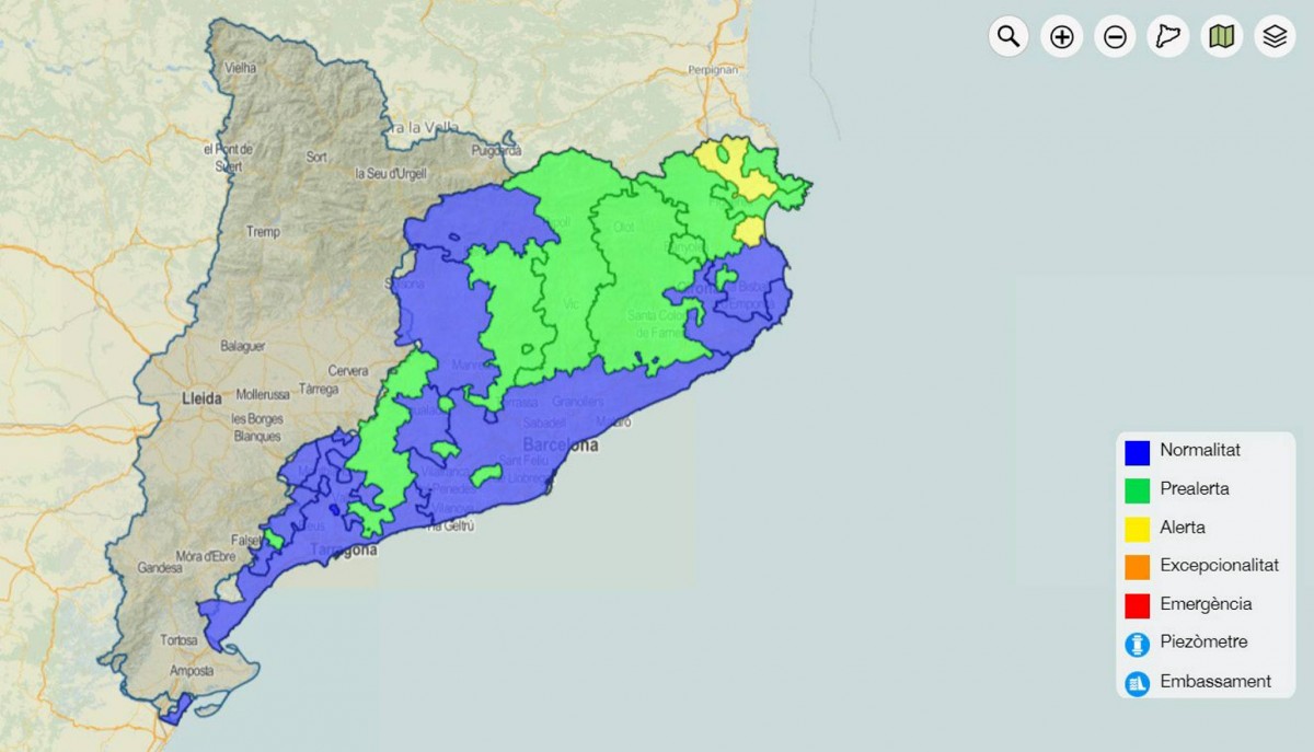 Mapa de la situació actual de sequera  a Catalunya.