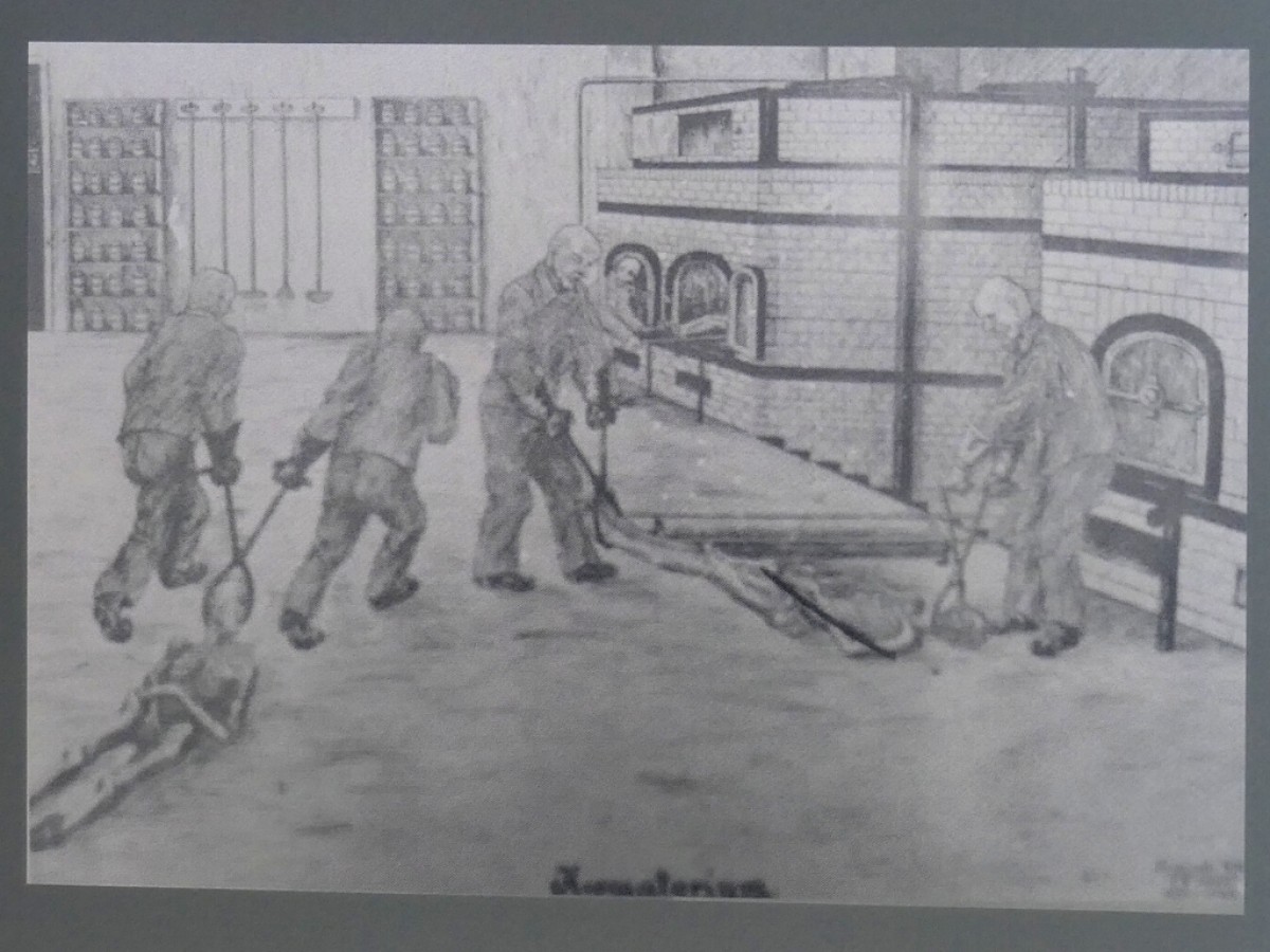Il·lustració en què uns presoners són obligats a treballar als forns crematoris de Sachsenhausen