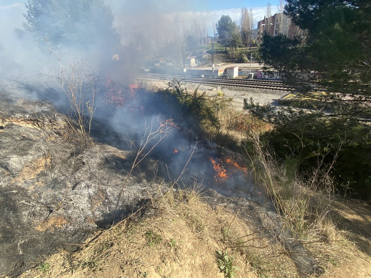 Imatge del foc que ha cremat la vegetació a tocar de les vies de Rodalies