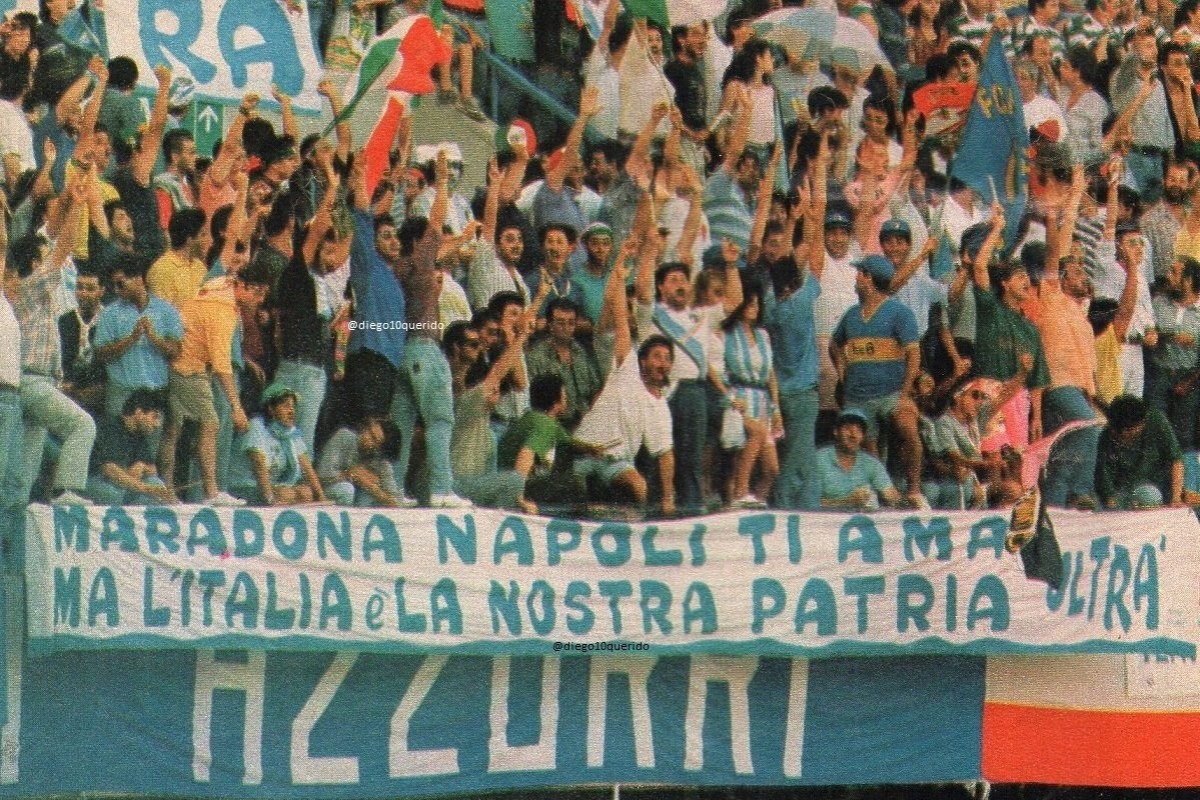 Pancarta d'ultres napolitans exhibida durant la semifinal Itàlia-Argentina del mundial de 1990 disputada a l’estadi San Paolo de Nàpols