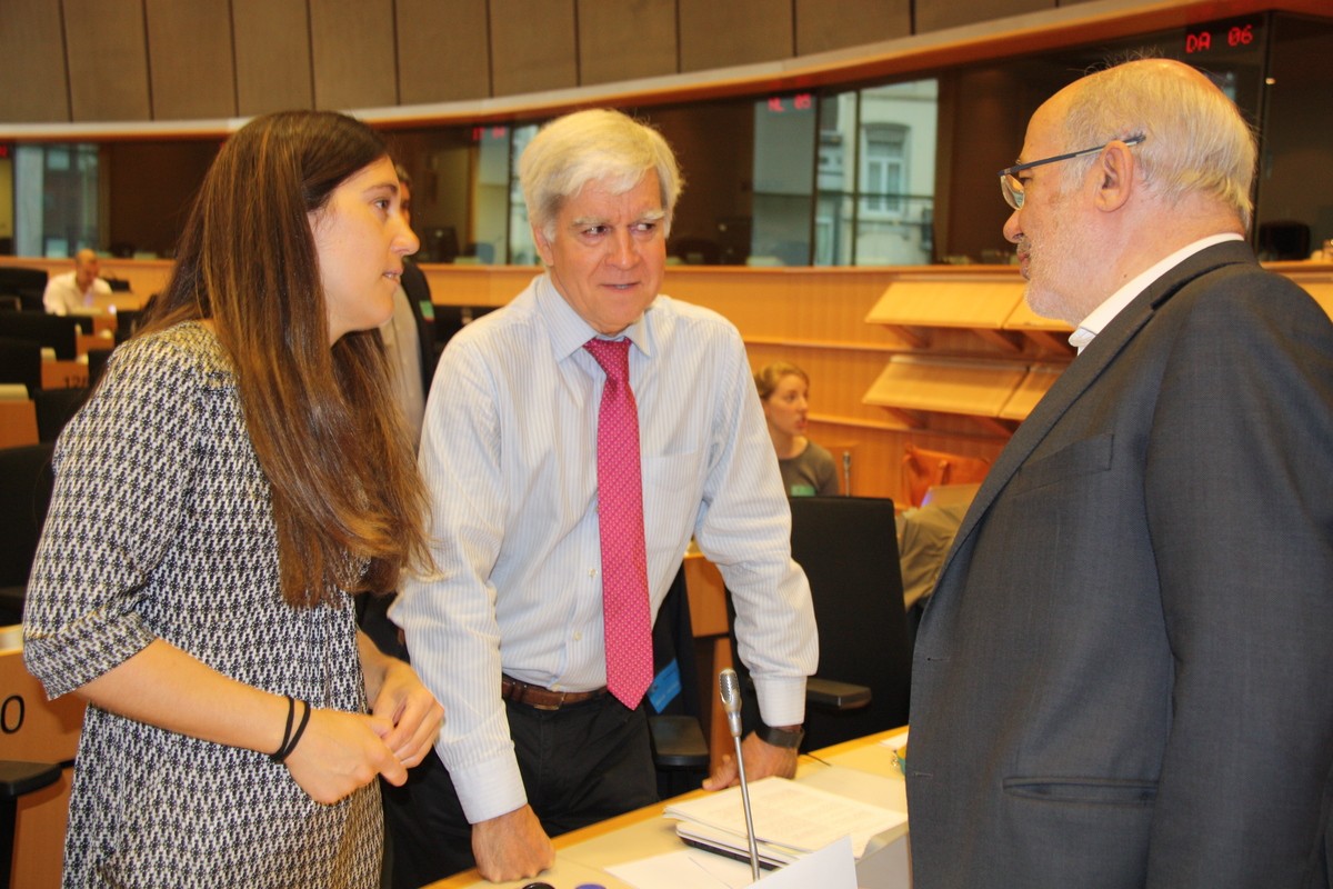 Neus Mestres, Miquel Strubell i Josep Maria Terricabras conversen durant l'acte al Parlament Europeu