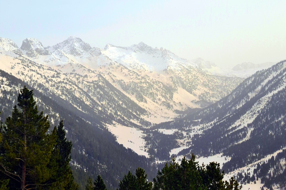 La zona de la Vall de Ruda, a l’Aran, amb la neu tenyida de marró