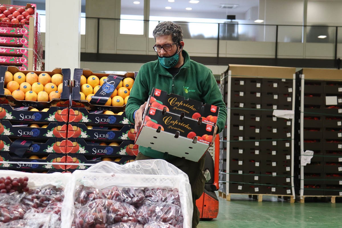 Treballador de Mercabarna col·locant producte a una de les parades de fruites i verdures.