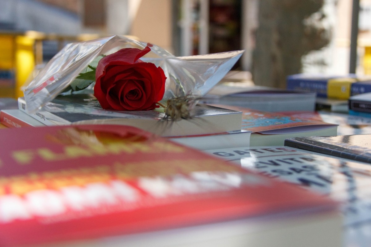Una rosa en una parada de llibres