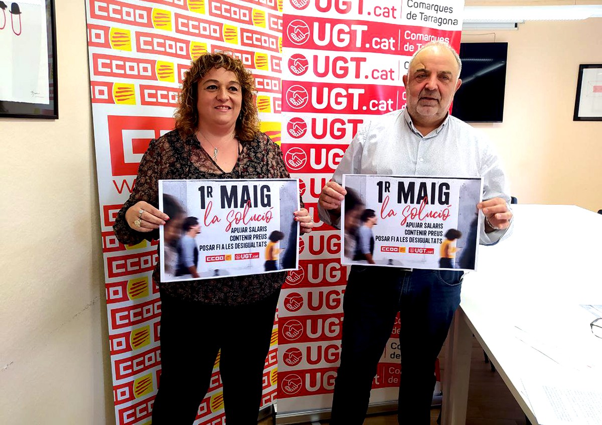 Mercè Puig (CCOO) i Joan Llort (UGT), en la presentació de la mobilització aquest dijous