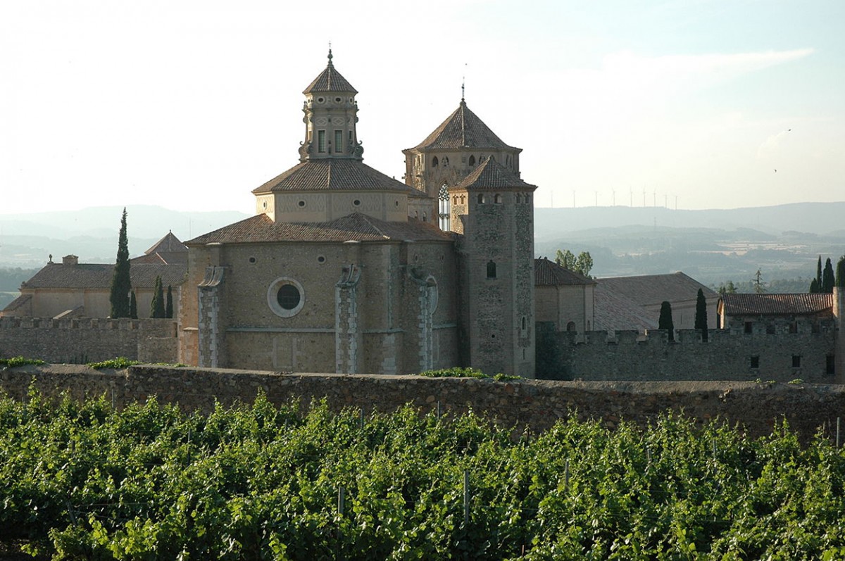 Monestir de Poblet des de les vinyes del vi Grans muralles