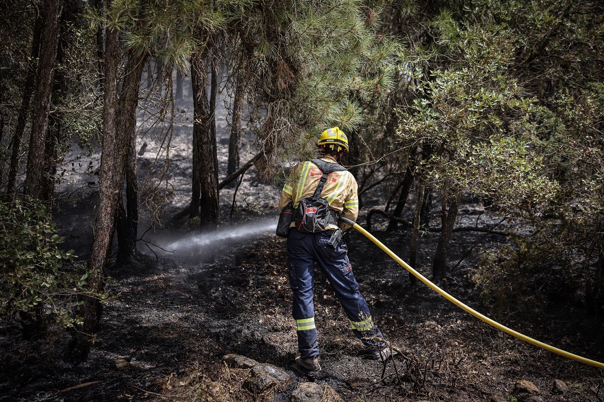 Un bomber remulla terreny cremat a Castellar de la Ribera