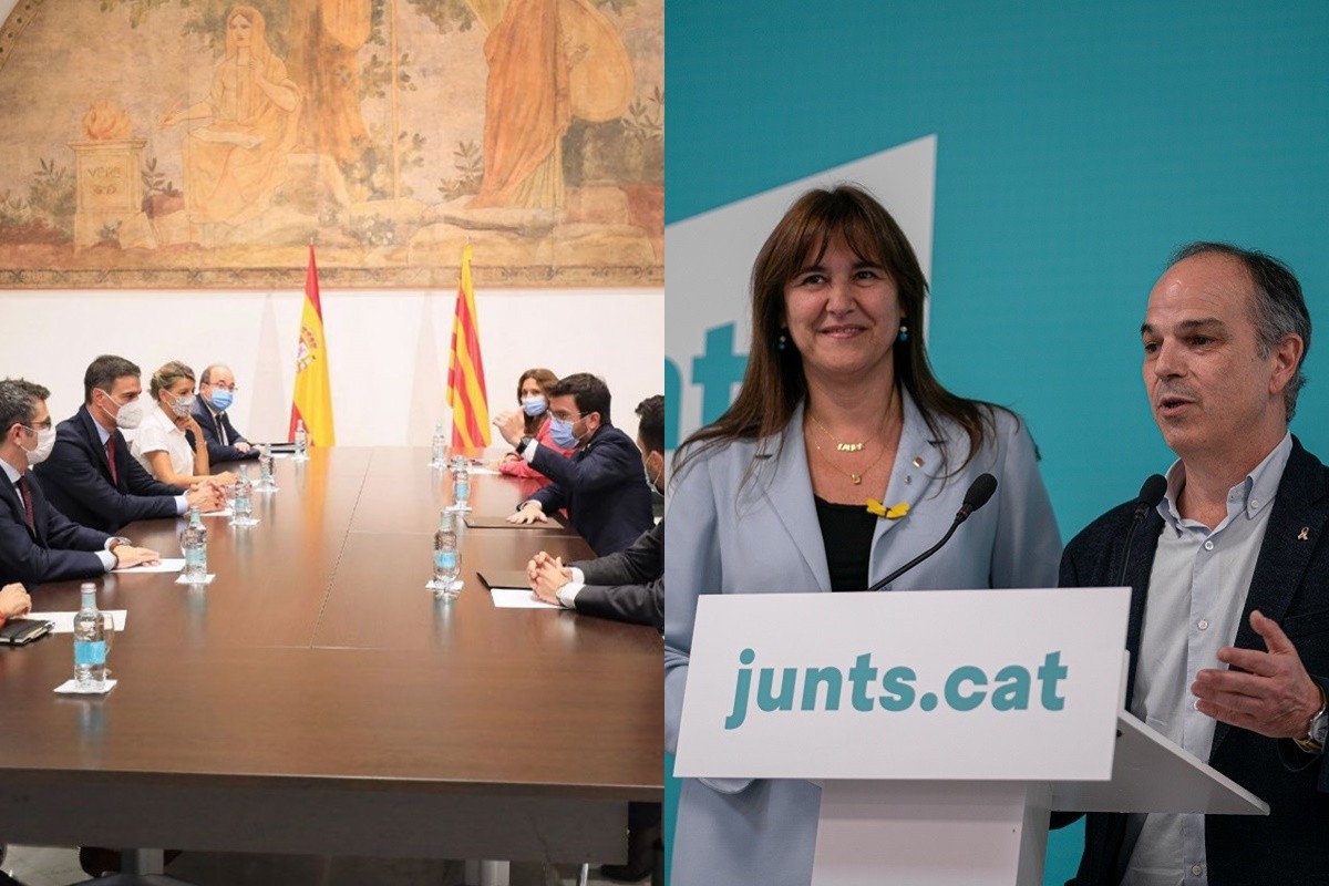 La trobada entre Sánchez i Aragonès, a la taula de diàleg; Laura Borràs i Jordi Turull, en imatge d'arxiu