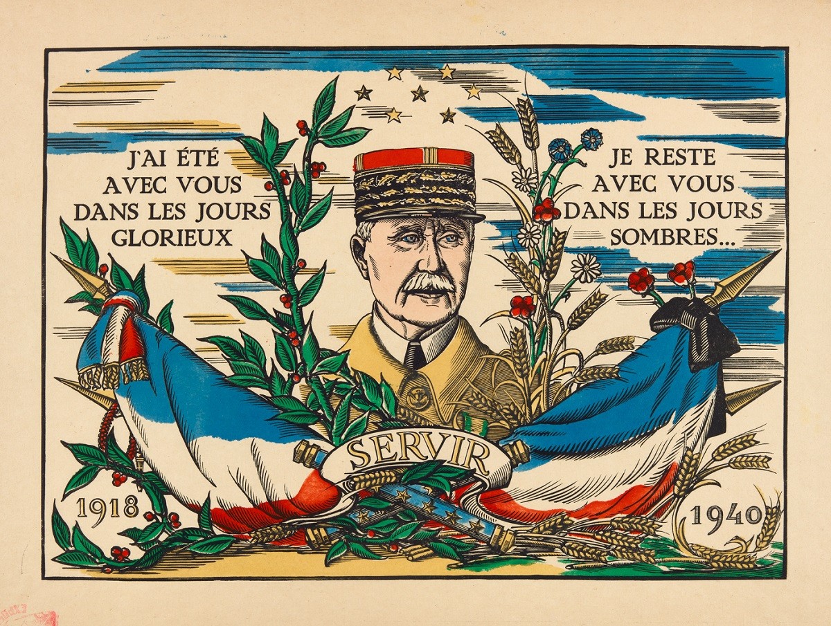 Cartell del mariscal Pétain, cap del govern col·laboracionista que va establir la capital de França a Vichy entre 1940 i 1944