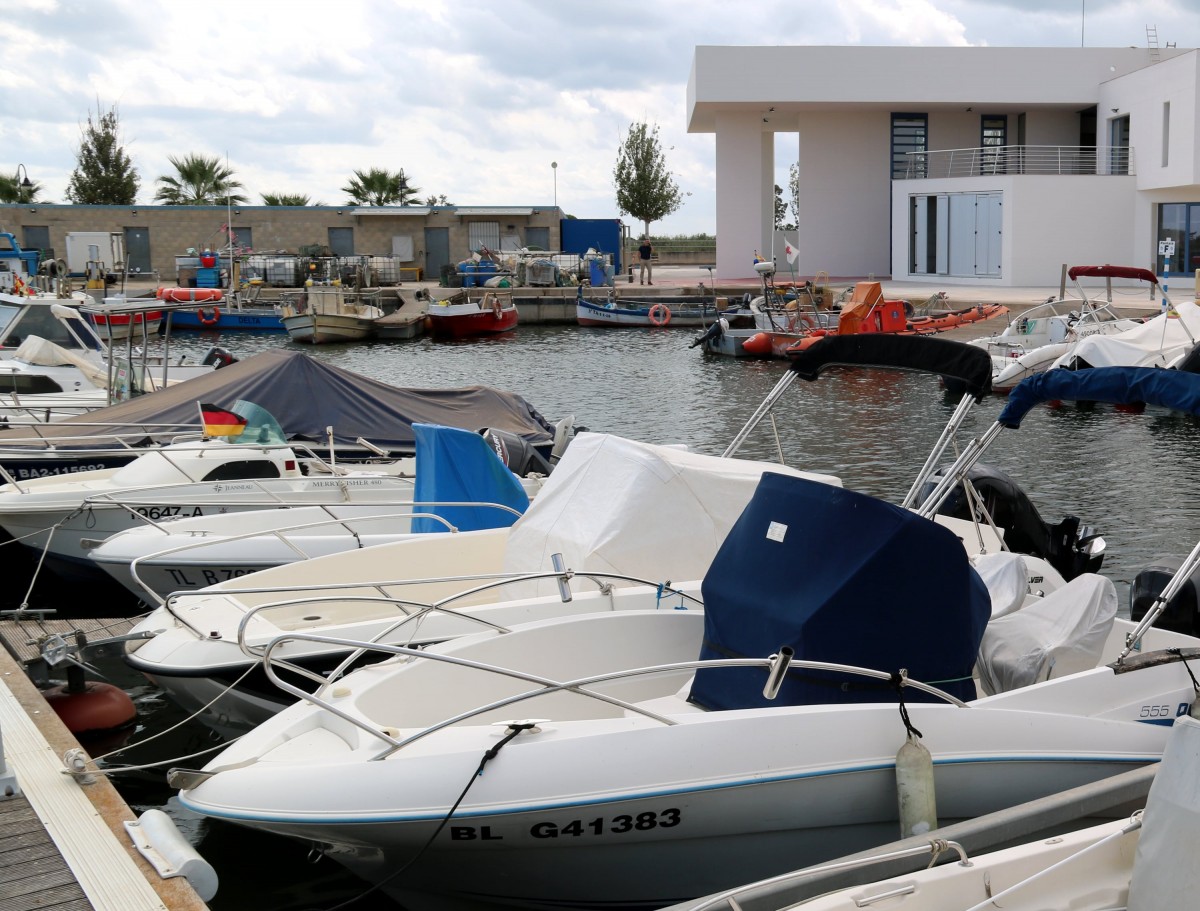 Barques al port fluvial de Deltebre davant del nou edifici de la llotja de Pescadors