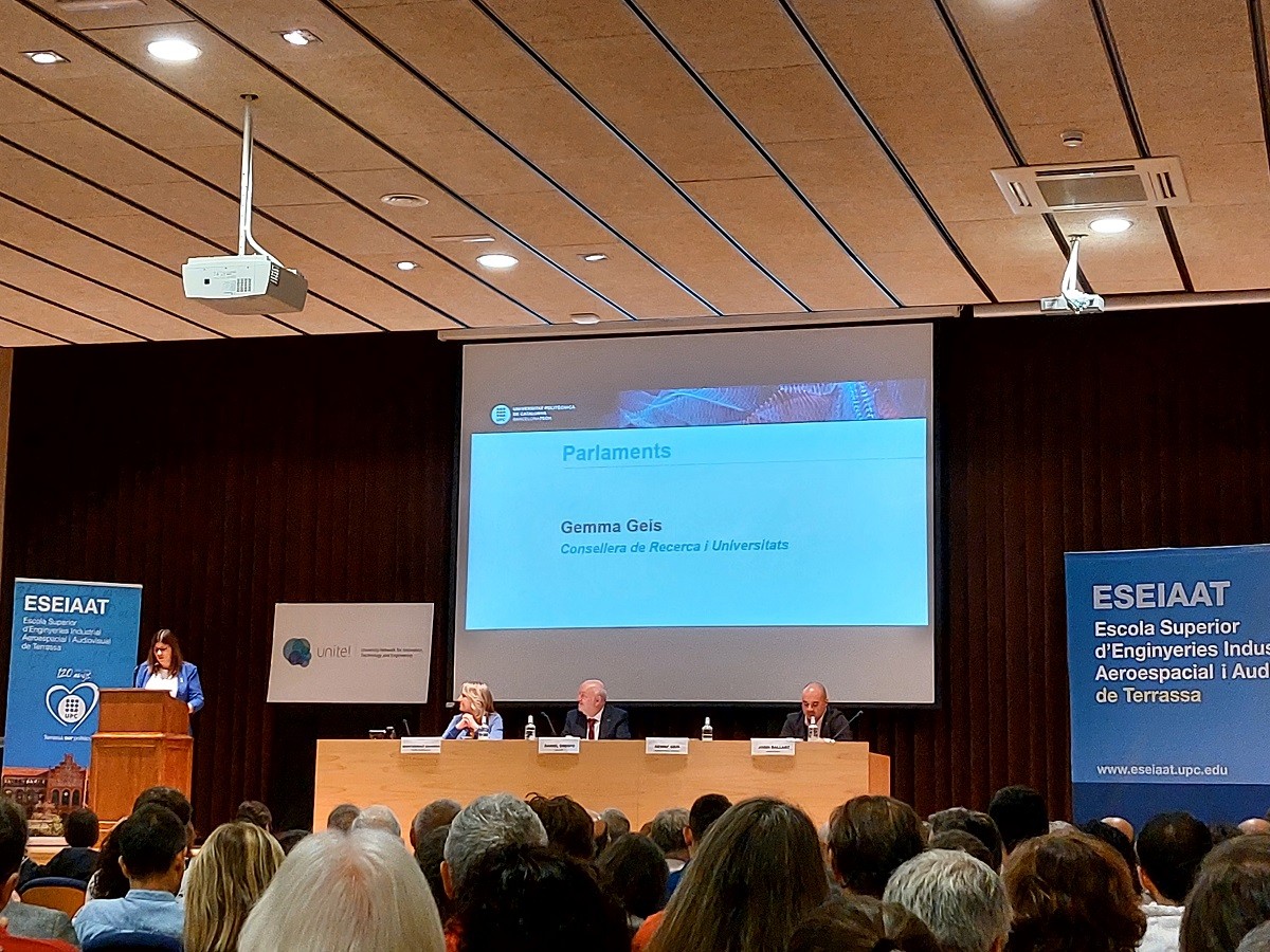 Gemma Geis, consellera d'Universitats i Recerca de la Generalitat de Catalunya, a l'acte inaugural de l'inici de curs de la UPC a Terrassa