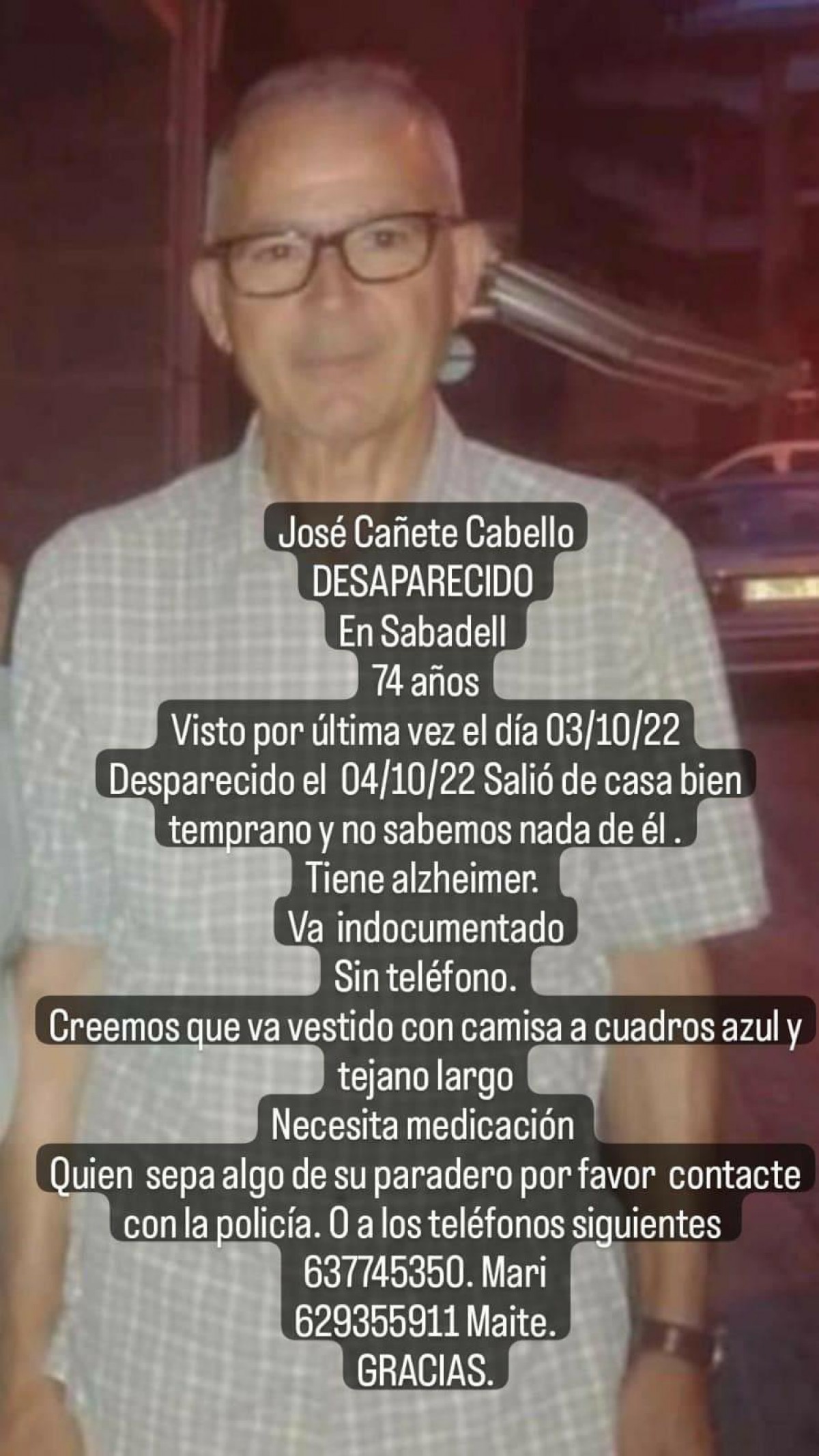 En José Cañete Cabello, l'home desaparegut a Sabadell i vist a la Grípia, a Terrassa